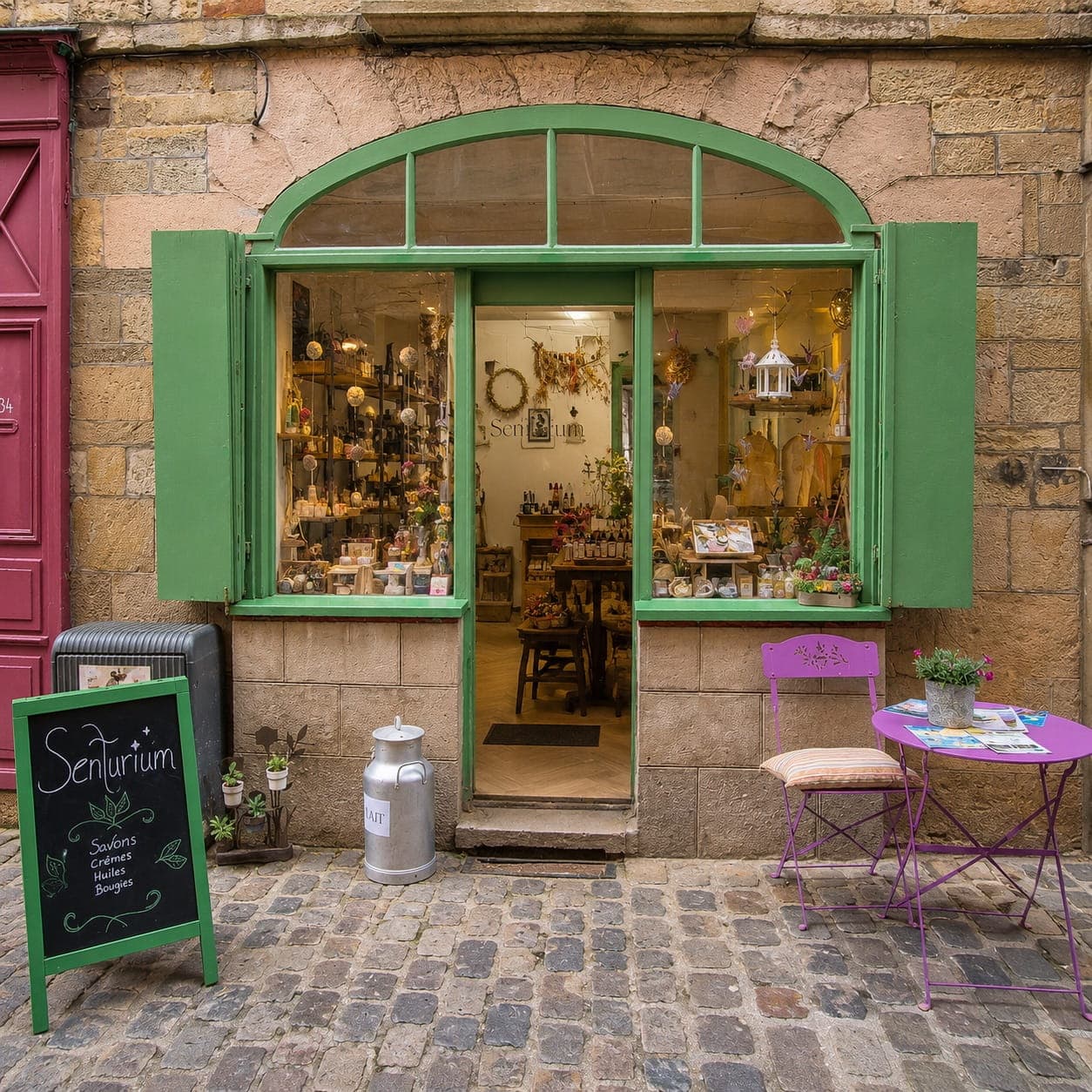Devanture de la boutique Senturium à Vitré, façade et volets verts